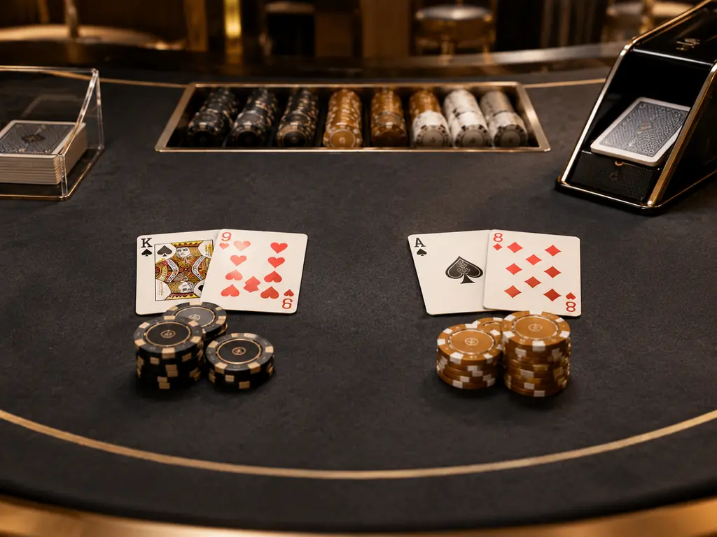 Meja baccarat dengan dua kelompok kartu terbuka
