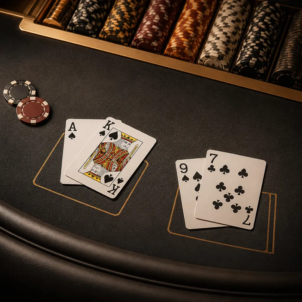 Kartu blackjack dan tempat cip di meja kasino