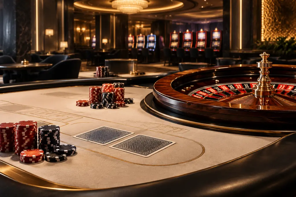 Ilustrasi suasana kasino dengan meja baccarat dan roda roulette