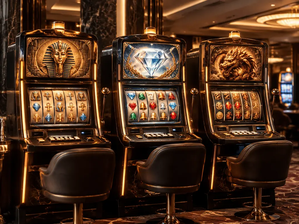 Deretan mesin slot bertema klasik di ruang kasino